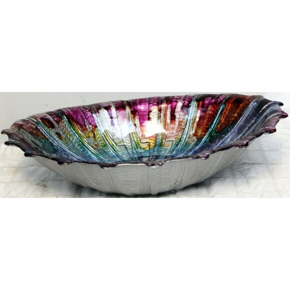 Metallic Rainbow Art Glass Bowl Serving Display Scalloped Shell Oval Texture - Picture 2 of 9